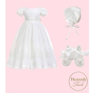 Glamulice Baby Girl Dress 6M White Baptism Christening Gown Set Shoes & Hat New